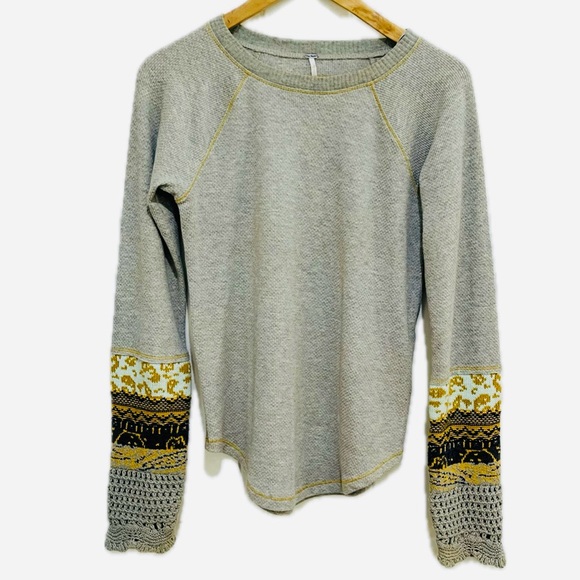 Free People Gray Long Sleeve Top with Patterned Sleeves - Picture 7 of 14